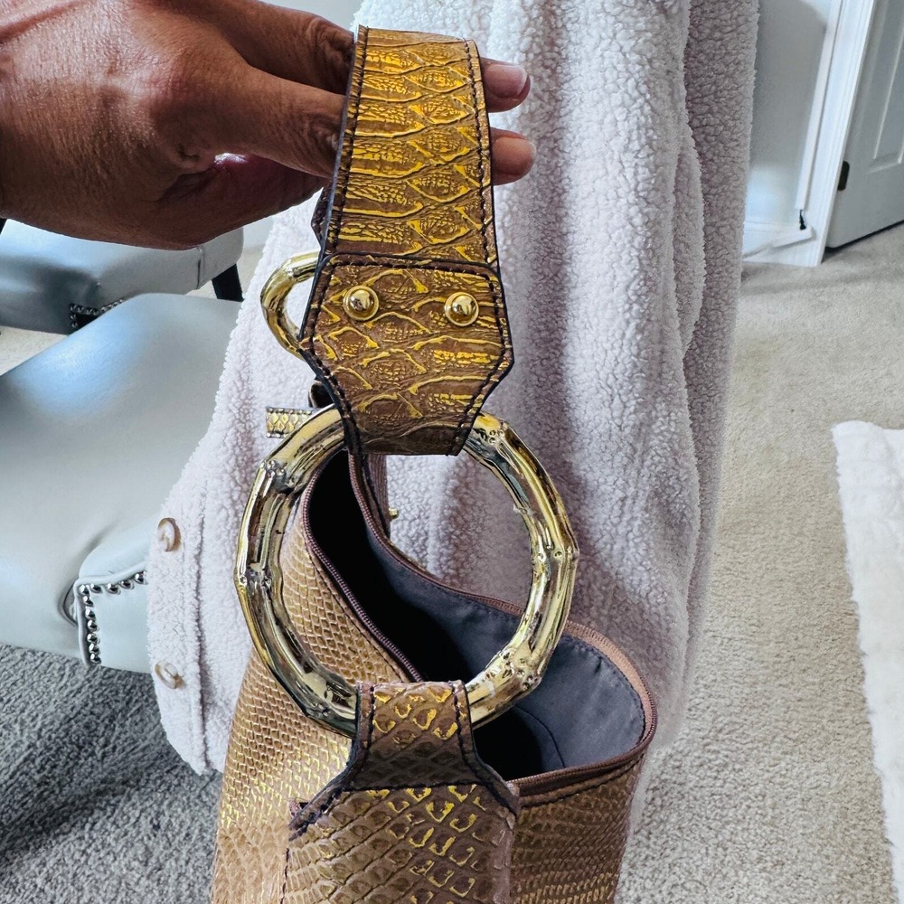 Gold Bamboo Ring Python Print Simulated Leather S… - image 4